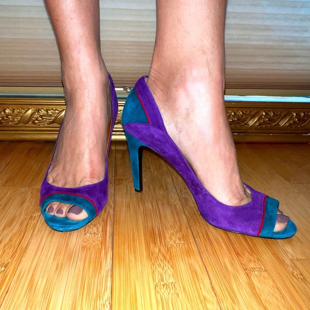 Via Spiga Suede Teal/Purple/Red peep toe heels